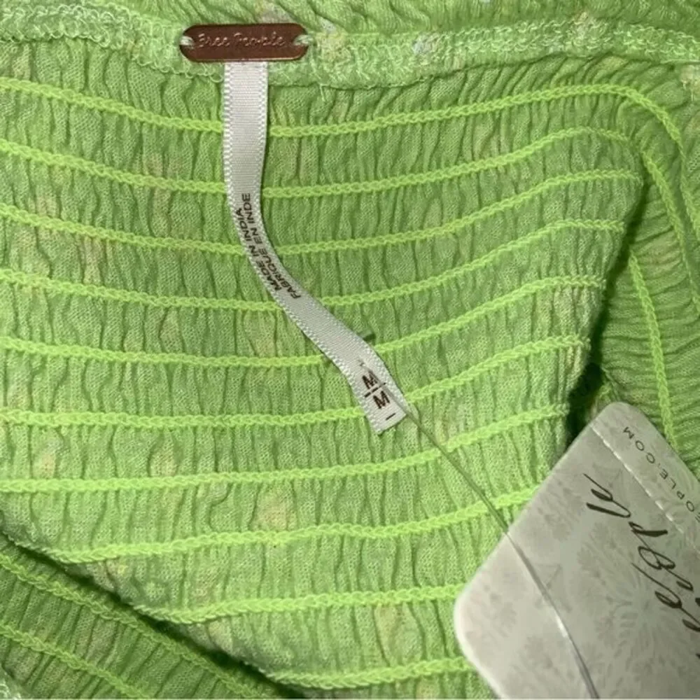 Free People Floral Smocked Square Neck Top Puff Sleeve Green Yellow size M